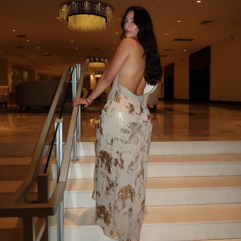 Zara: Elegant Cream and Brown Backless Dress